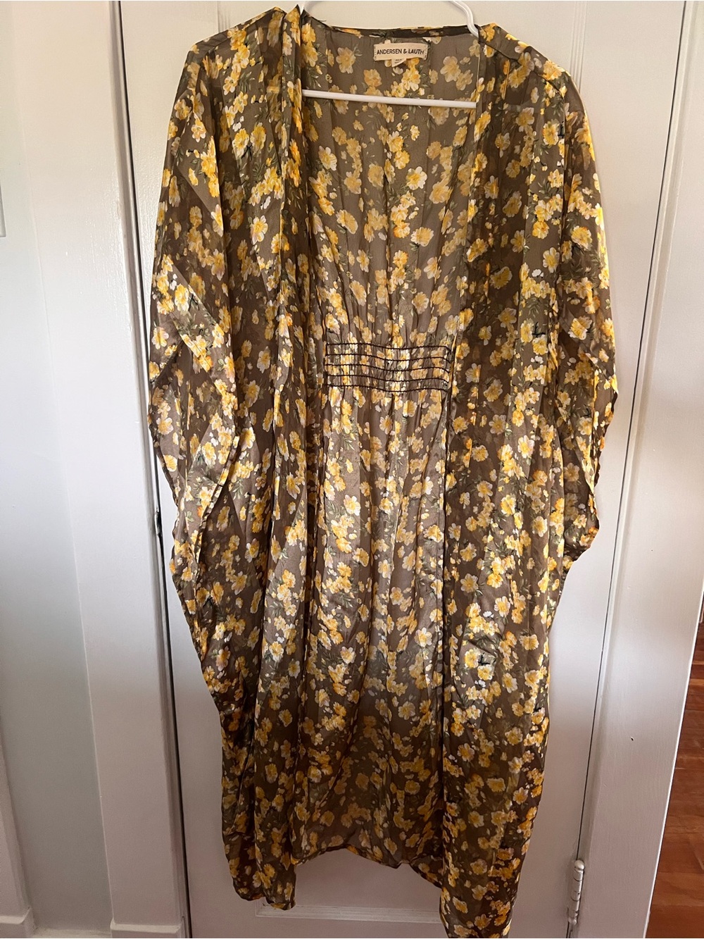 Anthropologie Olive Sheer Floral kimono with Yellow Flowers